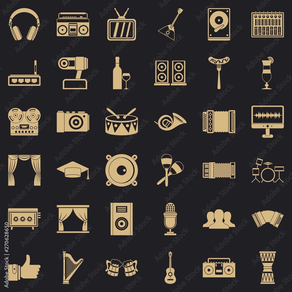 Poster music icons set. simple style of 36 music vector icons for web for any design