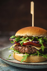 Tasty hamburger with vegetables and rucola