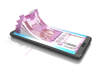 New Indian Currency  on mobile - 3D Rendered Image