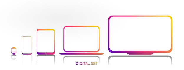 A set of simple icons in a flat style. Computer, laptop, tablet, smartphone and smart watch. 
