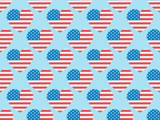 seamless background pattern with hearts made of american flags on blue
