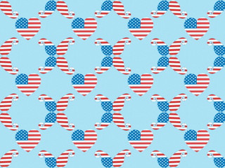 seamless background pattern with paper cut decorative mustache and hearts made of american national flags on blue