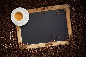 Old school slate surrounded with coffee beans