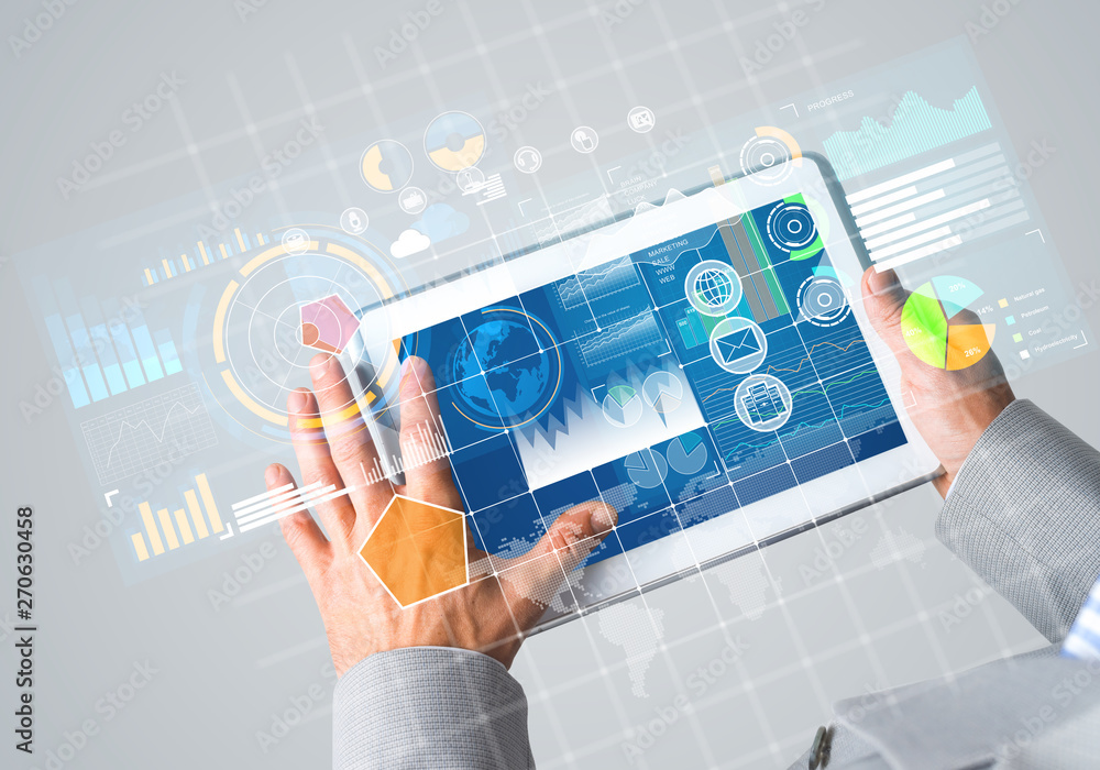 Poster interface of mobile application with charts and financial data
