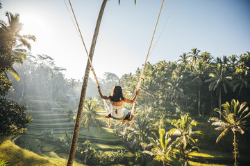 beautiful woman on a swing in between green rice fields