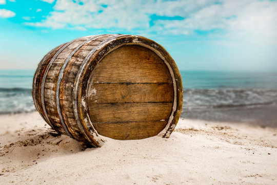 Barrel background on beach and summer landscape of sea 
