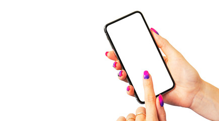 Smartphone mockup in woman hand isolated on white background. Modern frameless smartphone mock up with blank white screen. Empty space for text. Copy space. Isolated white screen.