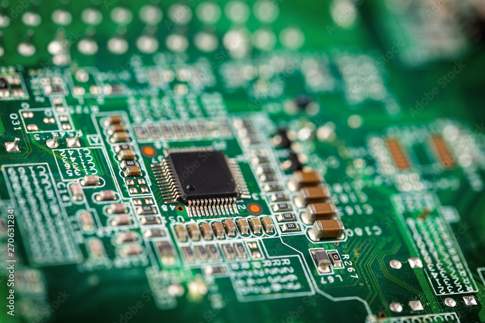 Fototapete macro cloes up green micro chip computer processor circuit boad. electroncs technology and macro com