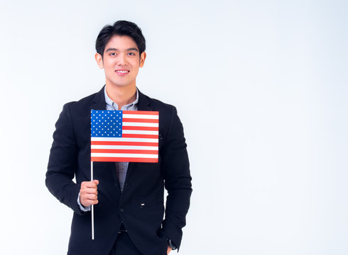 20s business man is holding american flag with the white background - Powered by Adobe