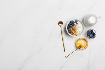 Free space oatmeal with milk, blueberries and honey