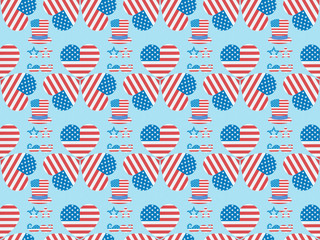 seamless background pattern with mustache, glasses, hats and hearts made of american flags on blue