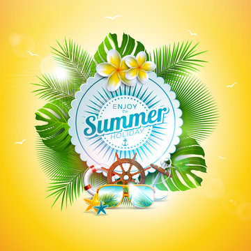 Vector Summer Holiday Illustration with Typography Letter and Tropical Leaves on Yellow Background. Exotic Plants, Flower, Sunglasses and Ship Steering Wheel for Banner, Flyer, Invitation, Brochure