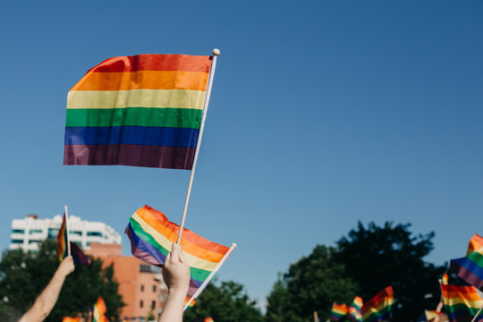 Crowd Waving Rainbow Flags At Pride Parade