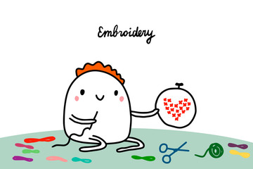 Embroidery hand drawn vector illustration in cartoon style. Cartoon men making heart of stitches