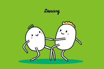 Dancing hand drawn vector illustration with cute cartoon people. Lindy hop or boogie jam