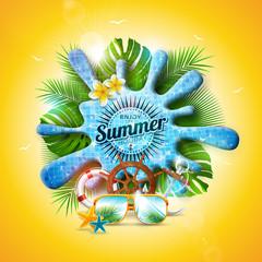 Vector Summer Holiday Illustration with Pool Water Splash and Tropical Leaves on Yellow Background. Exotic Plants, Flower, Sunglasses and Ship Steering Wheel for Banner, Flyer, Invitation, Brochure