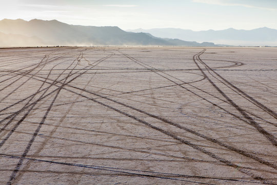 Tire tracks on Bonneville Salt Flats at dusk, Speed Week, Utah