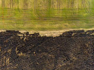 Burned and sown field, top view. Disaster and emergency events, negative impact on nature