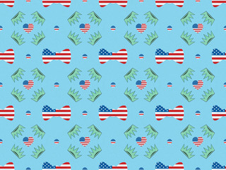 seamless background pattern with bow ties, hearts and circles made of us flags and crowns on blue, Independence Day concept