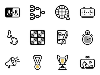 Set of black vector icons, isolated against white background. Illustration on a theme Chess tournament