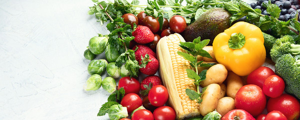 Assortment of fresh fruits and vegetablesю Image with copy space
