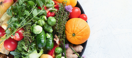 Assortment of fresh fruits and vegetables. Top view with copy space