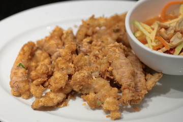 Fried garlic mantis shrimp with mango sauce ,Thai food