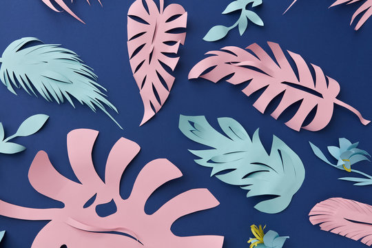 Handcraft tropical leaf anf flowers pattern cut from pink, skybl