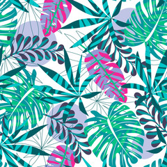 Bright seamless pattern with tropical leaves and plants on white background. Vector design. Jungle print. Textiles and printing.