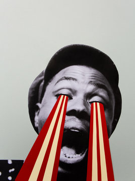 3d Collage of a man with striped paper coming from his eyes