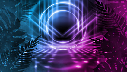 Background of empty dark scenes with neon lights and shapes, smoke. Silhouettes of tropical palm leaves in the foreground. Bright futuristic abstract background