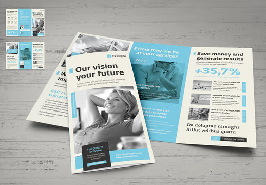 Tri-Fold Layout in White and Blue with Gray Accents