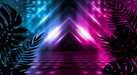 Background of empty dark scenes with neon lights and shapes, smoke. Silhouettes of tropical palm leaves in the foreground. Bright futuristic abstract background