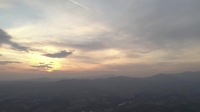 Colorful sky before dawn over the Deli Jovan and Stol mountains 4K drone video