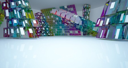 Abstract white and colored gradient glasses interior multilevel public space with window. 3D illustration and rendering.