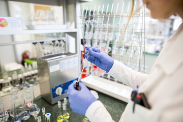 Flasks with liquids in a lab, pharmaceutical industry factory and production laboratory, chemistry concept