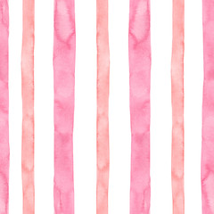 Delicate watercolor seamless pattern with pink vertical strips and lines on white background. Striped decorative print in vinatge style.