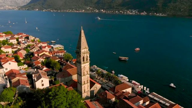 spin around St. Nikola Church tower in perast montenegro. adriatic sea