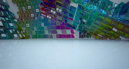 Abstract white and colored gradient glasses interior multilevel public space with window. 3D illustration and rendering.