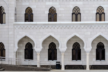 Fototapeta na wymiar White mosque building with classical Islamic decorative elements, Bolgar, Russia
