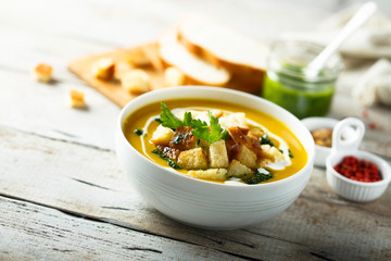 Pumpkin soup with homemade pesto sauce