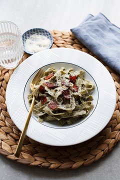 Wild garlic tagliatelle with prosciutto and parmesan