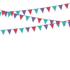 Party triangle bunting flags hanging on the rope. Colorful flag - green, purple, red. Template design for holiday decoration, celebration or birthday.