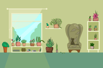 living room with armchair shelves window books houseplants flowers in pot and cat flat vector illustration