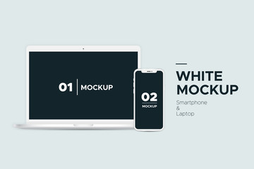 Mobile smartphone and laptop white mockup with blank screen isolated on background