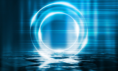 Background of empty stage show. Neon light and laser show. Laser futuristic shapes on a dark background. Abstract dark background with neon glow