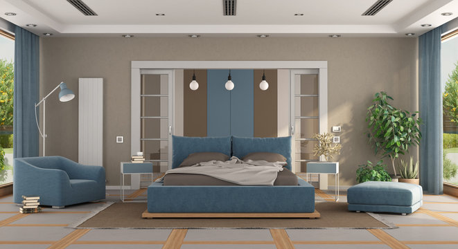 Luxury blue and brown master bedroom