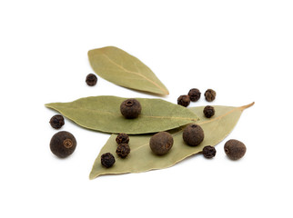 Bay leaf, allspice and pepper isolated on white background