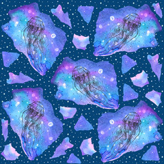 Watercolor seamless pattern with jellyfish on dark background.