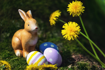 Easter bunny with eggs painted in different colors near a tree with flowering dandelions